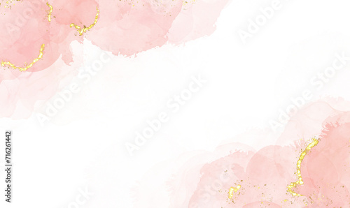 Canvas Print Abstract pink rose blush liquid watercolor background with golden lines, dots and stains