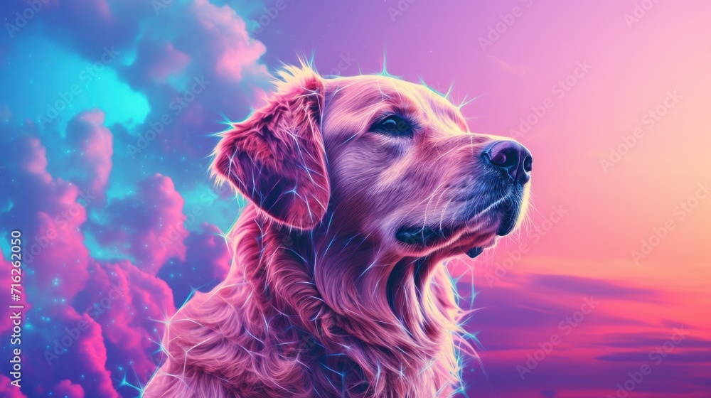 Fantasy vaporwave portrait of retrowave dog. Pink and blue colors.