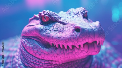 Fantasy vaporwave portrait of retrowave crocodile. Pink and blue colors.