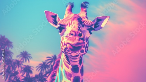 Fantasy vaporwave portrait of retrowave giraffe. Pink and blue colors.