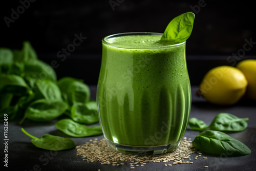 Green smoothie with spinach and chia seeds in glass on the table, kitchen decoration background. Detox drink, clean eating