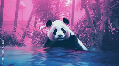 Fantasy vaporwave portrait of retrowave panda. Pink and blue colors.