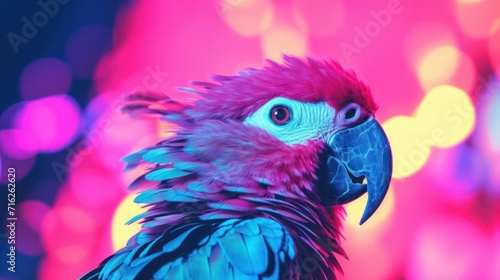 Fantasy vaporwave portrait of retrowave parrot. Pink and blue colors. © vlntn