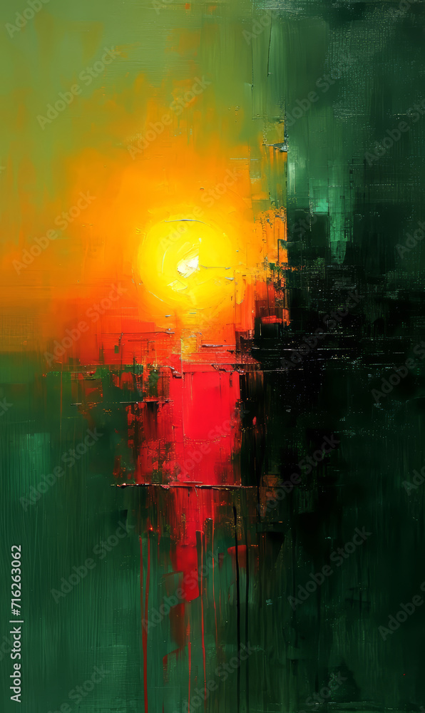 Fototapeta premium Abstract oil painting on canvas with sun, green and red colors.