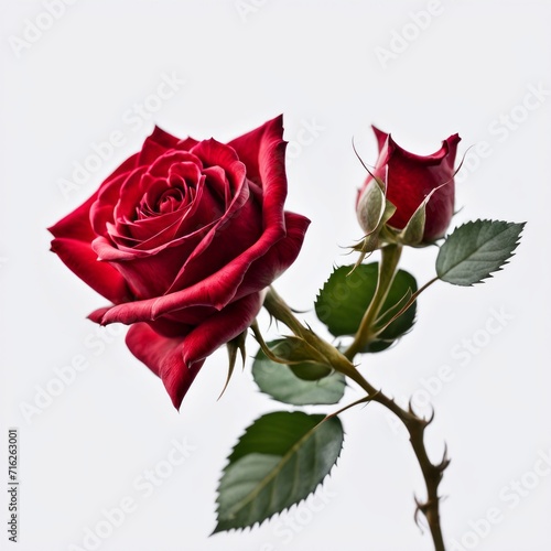 A Red Rose with leaf on a white background