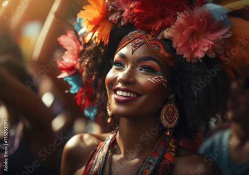 Beautiful Brazilian woman, dressed in carnival clothes, dancing. Brazilian wearing Samba Costume, beautiful samba dancer performing at Carnival. Portrait. Happy smile woman © masherdraws