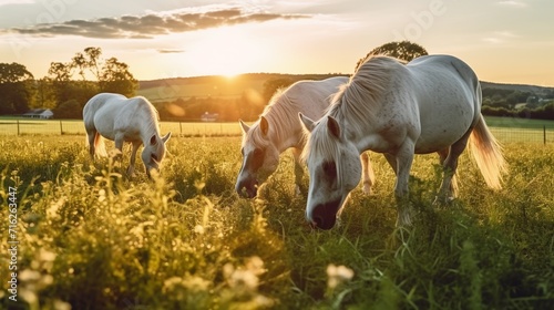 Beautiful white horses grazing in a green meadow at sunset.