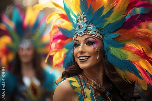 Beautiful Brazilian woman, dressed in carnival clothes, dancing. Brazilian wearing Samba Costume, beautiful samba dancer performing at Carnival. Portrait. Happy smile woman.