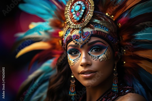 Beautiful Brazilian woman, dressed in carnival clothes, dancing. Brazilian wearing Samba Costume, beautiful samba dancer performing at Carnival. Portrait. Happy smile woman.