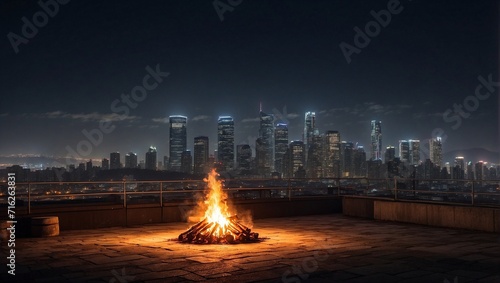 A solitary bonfire on a rooftop, with a sprawling city skyline at night Generative AI