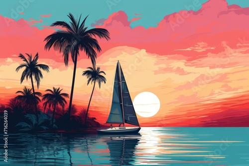 Colorful sunset on the tropical island. Beautiful ocean beach with palms and yacht illustration. Summer traveling and holiday. Palm trees and sea. Nature landscape and seascape