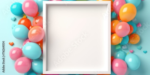 Birthday greeting template design. Happy birthday white board frame space with flying colorful balloons and confetti element for birth day celebration. Pastel soft colors. Boy or girl
