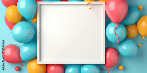 Birthday greeting template design. Happy birthday white board frame space with flying colorful balloons and confetti element for birth day celebration. Pastel soft colors. Boy or girl
