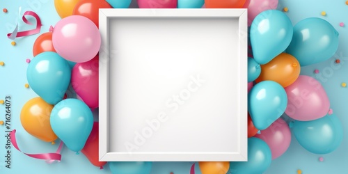 Birthday greeting template design. Happy birthday white board frame space with flying colorful balloons and confetti element for birth day celebration. Pastel soft colors. Boy or girl