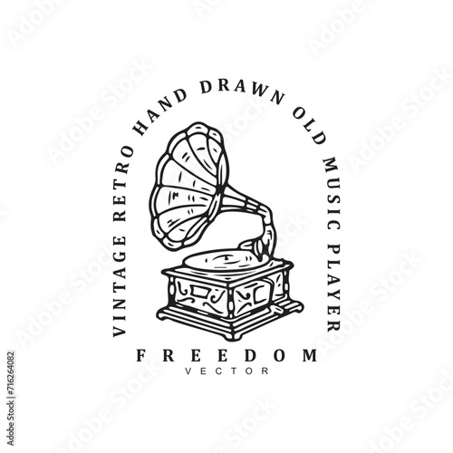 Vintage retro hand drawn engraving phonograph logo design badge