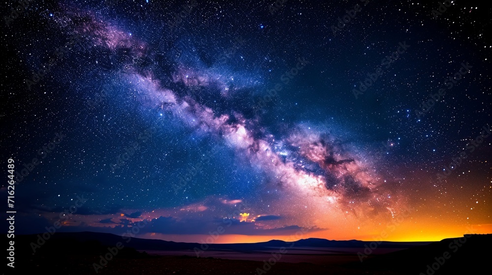 Night landscape with milky way and starry sky.