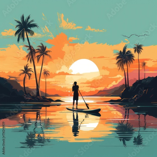 Sup surfer two Woman on paddle boards. Girls enjoying of extreme water sport. Woman with paddle  cartoon flat illustration. Paddle boarding concept. Sunset