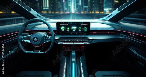 The dashboard of a futuristic car adorned with holographic controls and sleek digital displays. photo