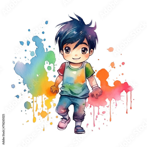 A cute boy playing holi in handdrawn style on transparent background.