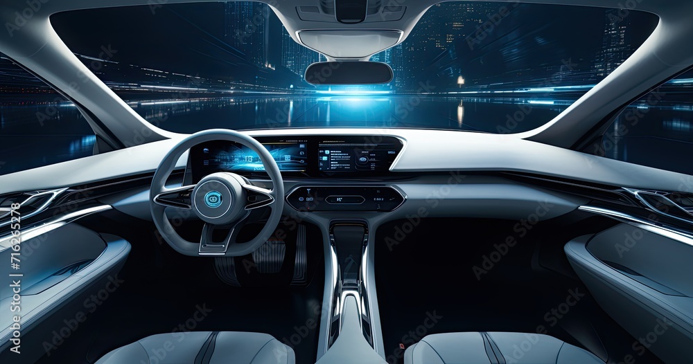 The dashboard of a futuristic car adorned with holographic controls and sleek digital displays.