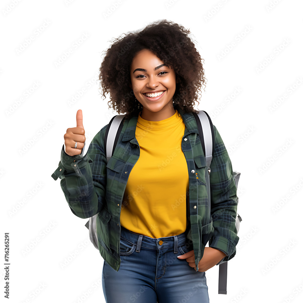 Black american female student smiling and giving thumbs up excellent on ...