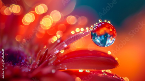 A water droplet hangs delicately from a flower petal, catching the first rays of dawn, symbolizing the renewal and purity of nature in the early morning
