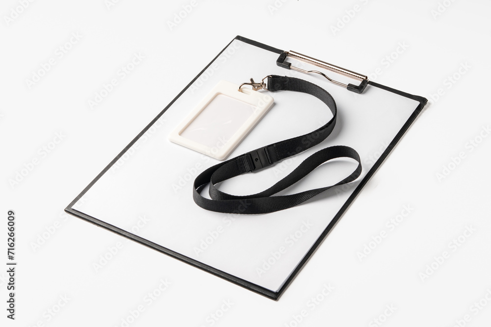 Blank badge card and clipboard on white background Blank badge card and clipboard on white background