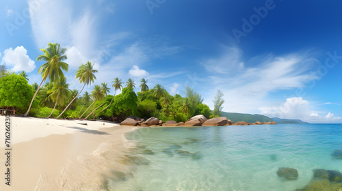 tropical island with sandy beach and palm trees in the fresh and clean ocean water on a sunny day. Travel and recreation concept.