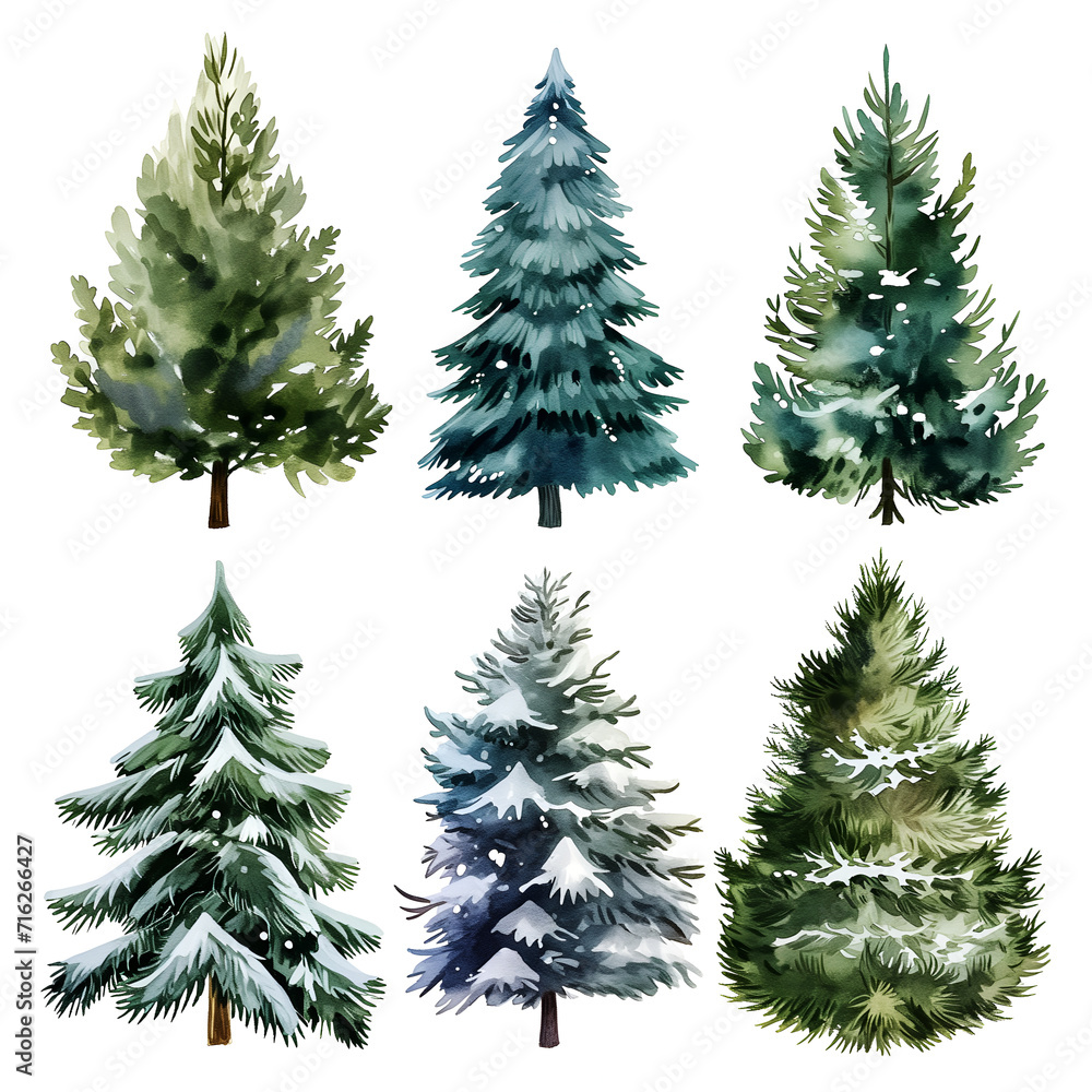 Obraz premium set of christmas tree isolated on white, watercolor style