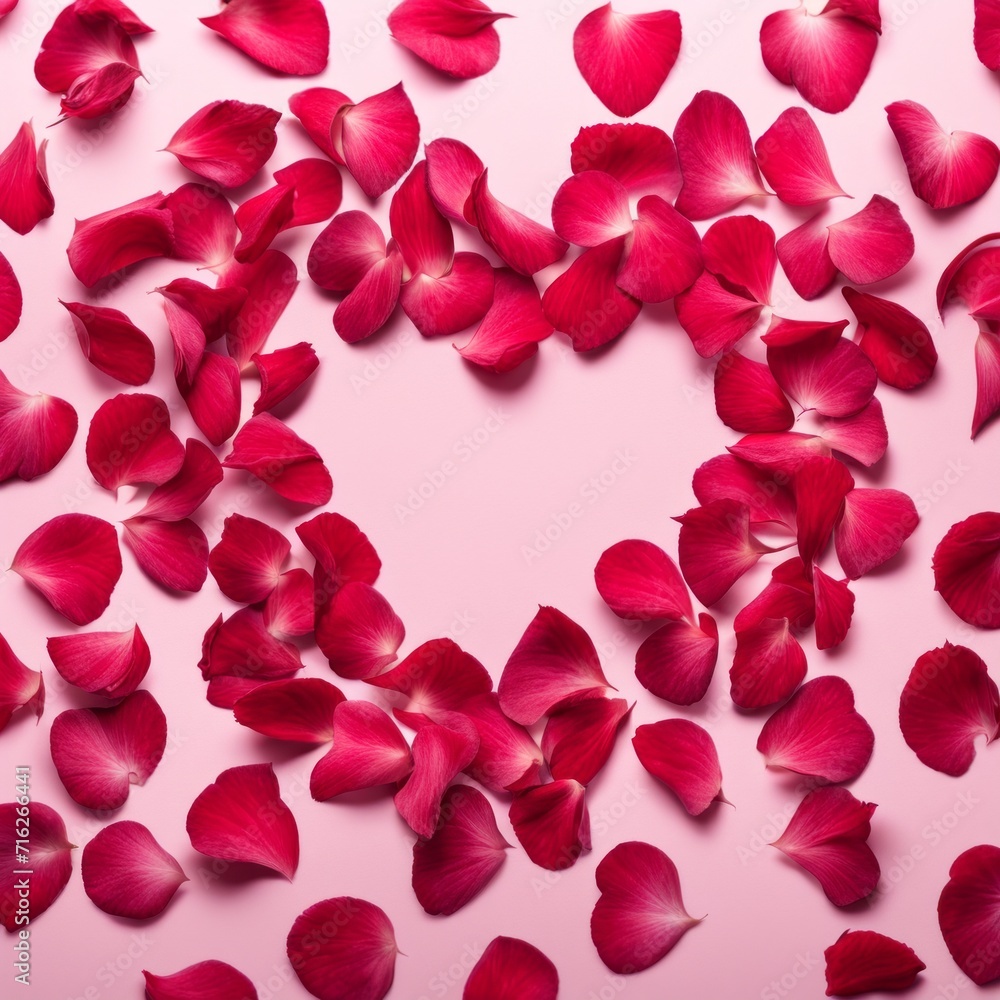 The shape of a heart created within scattered pinkish red rose petals The shape of a heart created within scattered pinkish red rose petals