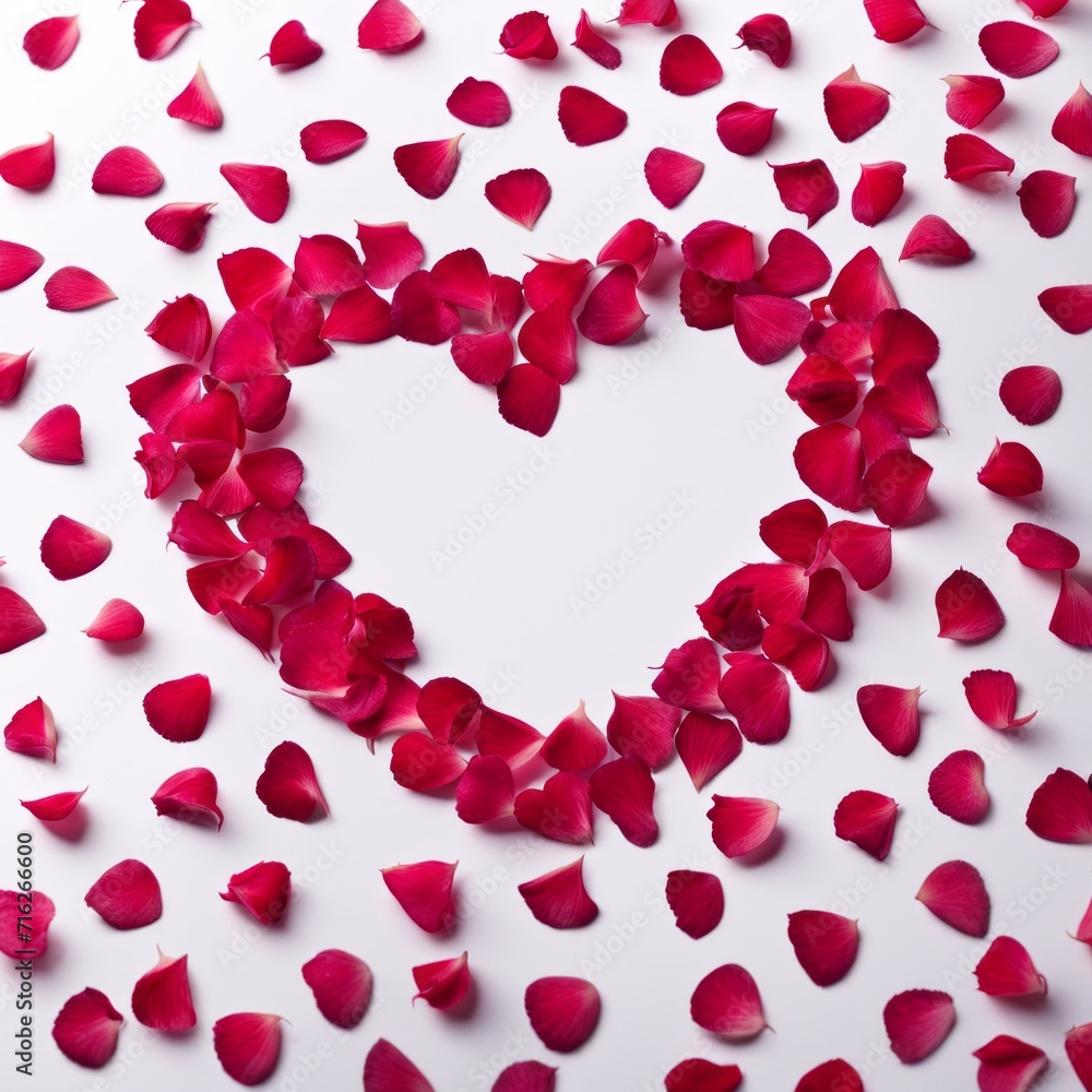 The shape of a heart created within scattered pinkish red rose petals The shape of a heart created within scattered pinkish red rose petals