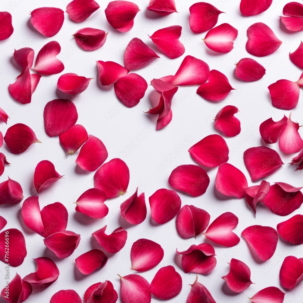 The shape of a heart created within scattered pinkish red rose petals The shape of a heart created within scattered pinkish red rose petals