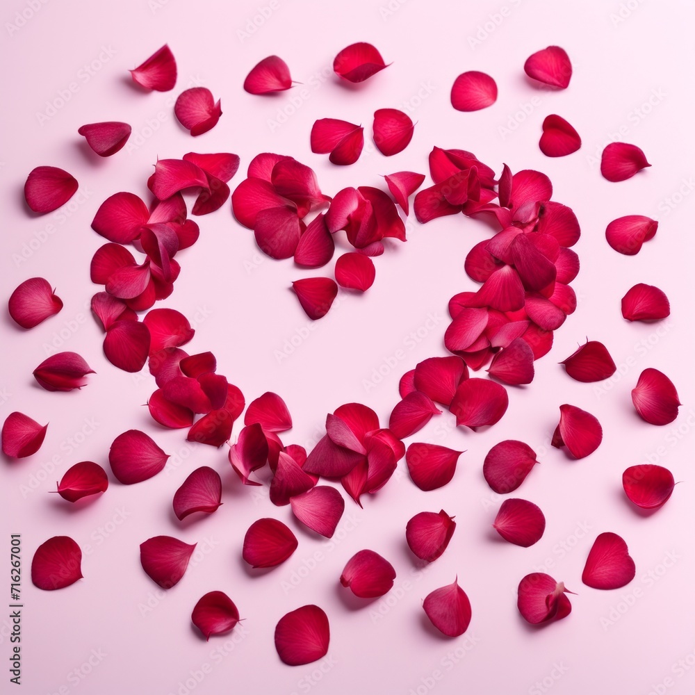 The shape of a heart created within scattered pinkish red rose petals The shape of a heart created within scattered pinkish red rose petals