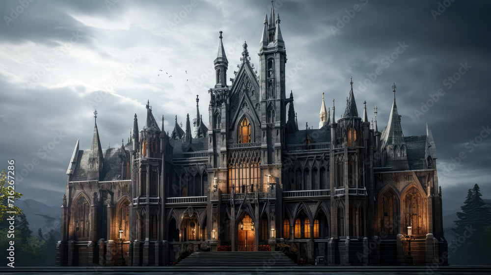 Gothic Architectural: Exploring the Intricacies of a Timeless Building in dark background. Halloween concept Gothic Architectural: Exploring the Intricacies of a Timeless Building in dark background. Halloween concept