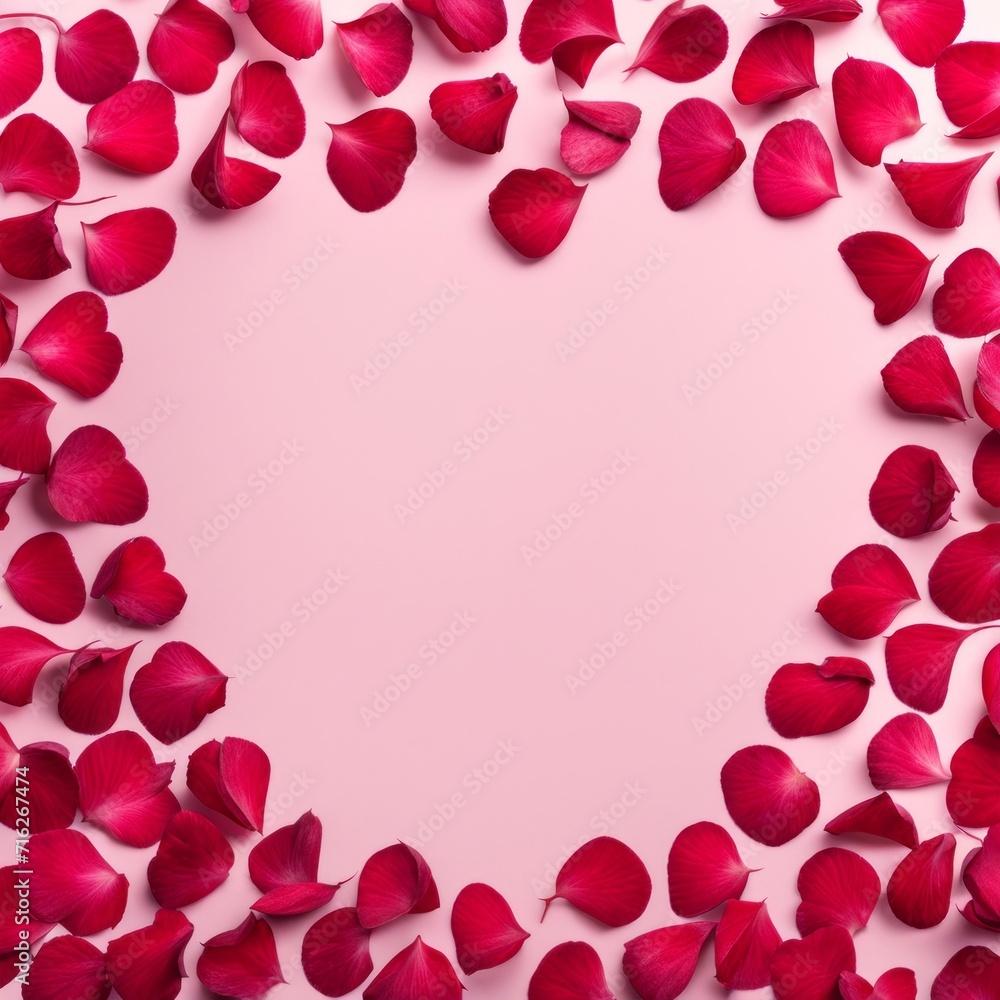 The shape of a heart created within scattered pinkish red rose petals The shape of a heart created within scattered pinkish red rose petals