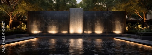 A modern water feature gracing the outdoor space of a home  combining a fountain and waterfall.