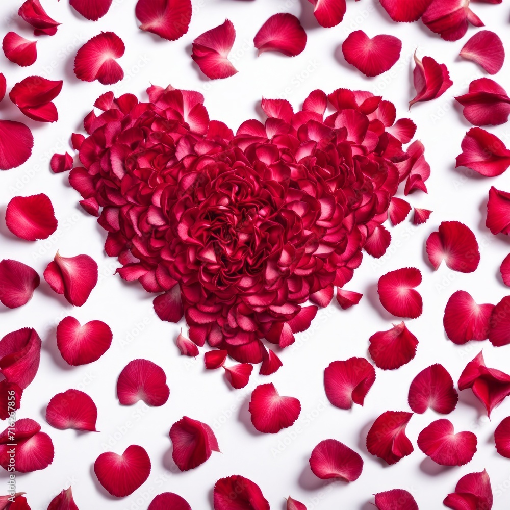 The shape of a heart created within scattered pinkish red rose petals The shape of a heart created within scattered pinkish red rose petals