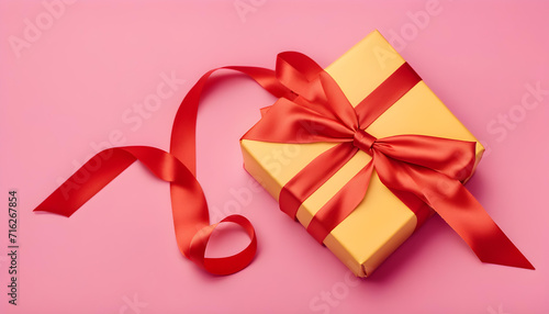 Gift box with red satin ribbon and bow on pink background