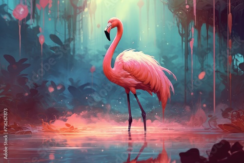 Beautiful Flamingo bird, Pink flamingo, Cinematic landscape background, Ai generated © Tanu