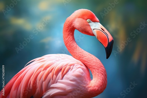 Beautiful Flamingo bird, Pink flamingo, Cinematic landscape background, Ai generated
