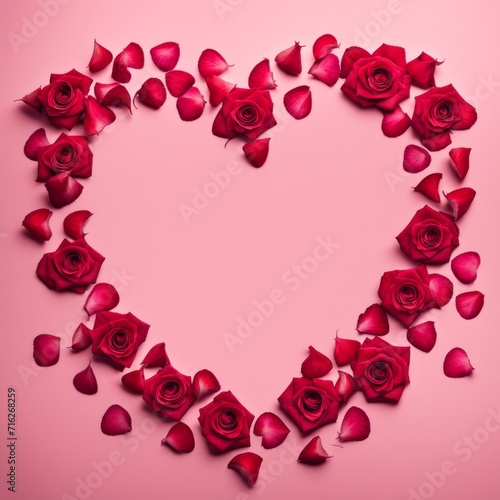 The shape of a heart created within scattered pinkish red rose petals