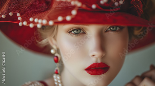 A sophisticated blonde woman with pearl earrings, vibrant red lipstick, and an elegant red hat.