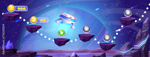 Space travel game map with floating platforms. Vector cartoon illustration of cosmic galaxy landscape, alien spaceship flying between level stones, score stars and lock icons, asteroids in night sky