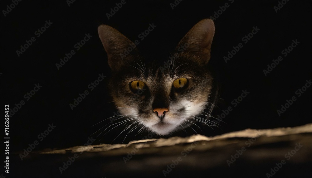 Dark cat lurking in the dark shadow with yellow eyes