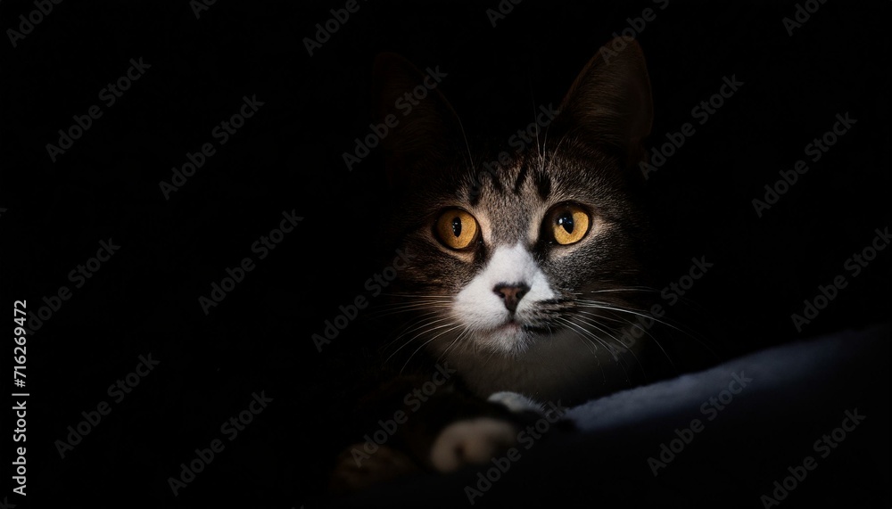 Dark cat lurking in the dark shadow with yellow eyes