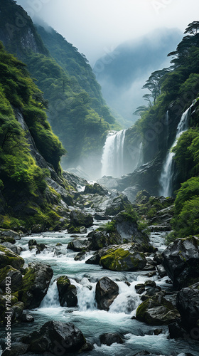 a_waterfall_that_is_surrounded_by_a_forest_in_the_style