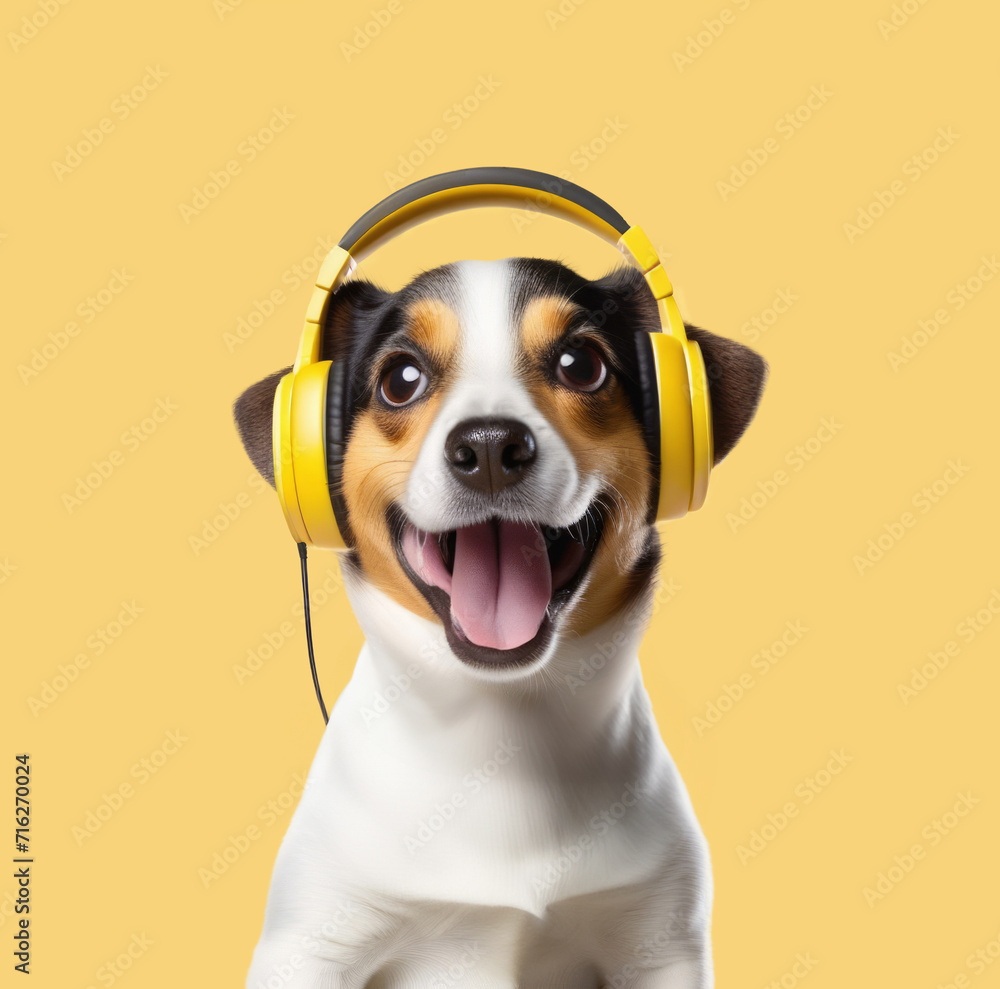 Dog Jack Russell in the headphones listens to music.