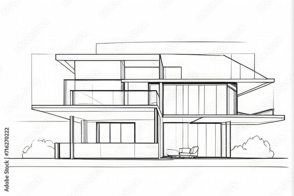 3D Architectural Model, sketch of modern cozy house Black line sketch on white background. House design, Interior Design, landscape Design Architecture Section.
 
