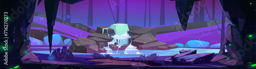 View on cascade waterfall in forest at night from cave through entrance hole. Cartoon vector dark dusk summer landscape with river stream fall on rock cliff. Inside stone grotto with green gemstones.