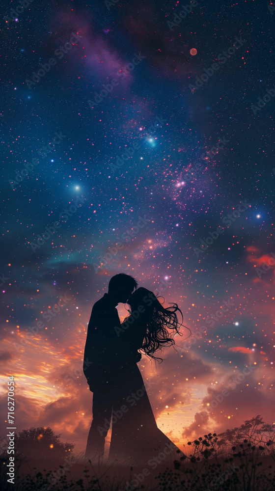 silhouette of a couple on a milky way galaxy background silhouette of a couple on a milky way galaxy background